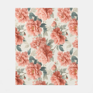 Watercolor Coral Peony Cream Floral Pattern Fleece Blanket