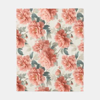 Watercolor Coral Peony Cream Floral Pattern Fleece Blanket