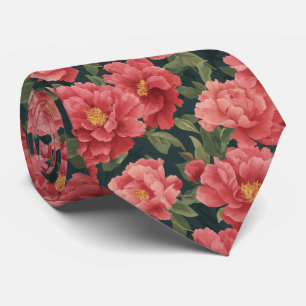 Watercolor Coral Peony Floral Pattern Neck Tie