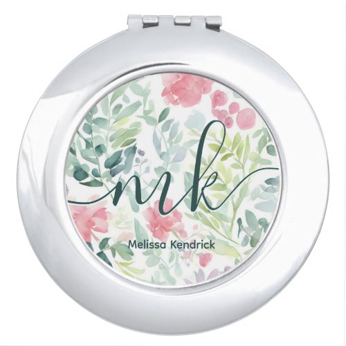 Watercolor Coral Pink Abstract Flowers Monogram Compact Mirror