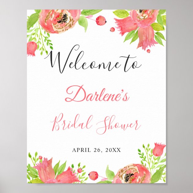 Watercolor Coral Pink Floral Bridal Shower Sign