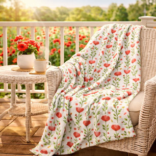 Watercolor Coral Pink Poppy Floral  Fleece Blanket