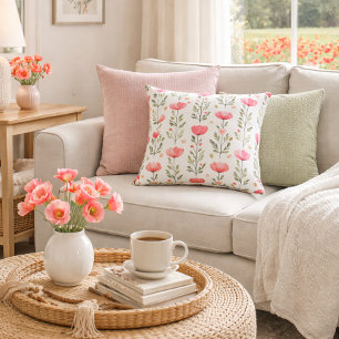 Watercolor Coral Pink Poppy Floral  Throw Pillow