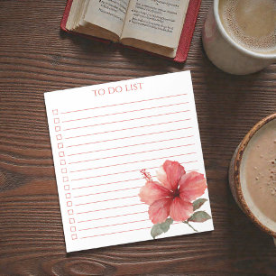 Watercolor Coral Red Hibiscus To Do List Tropical Notepad