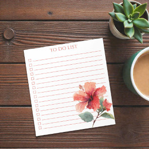 Watercolor Coral Red Hibiscus To Do List Tropical Notepad