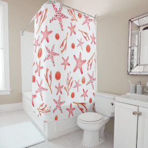 Watercolor Coral Red Sea Creature Seamless Pattern Shower Curtain