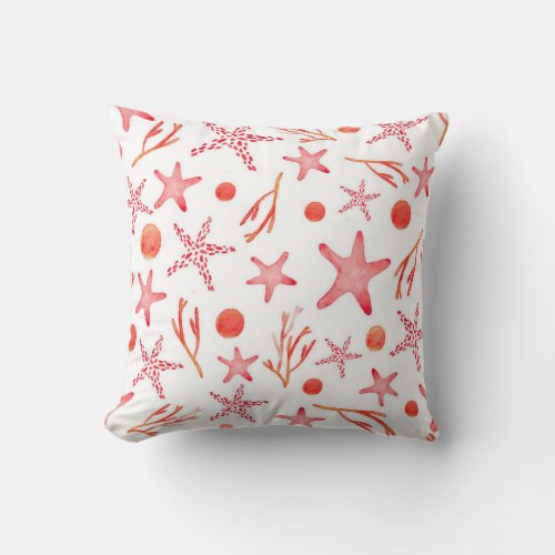 Watercolor Coral Red Sea Creature Seamless Pattern Throw Pillow