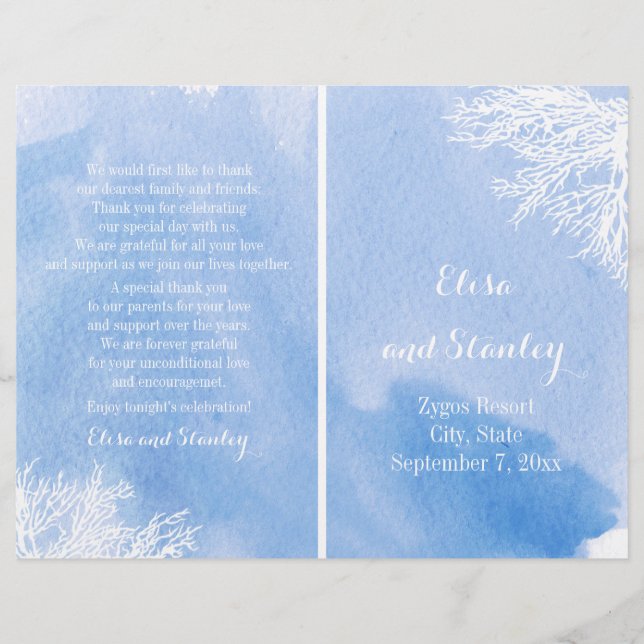 Watercolor coral reef aquamarine wedding program (Front)