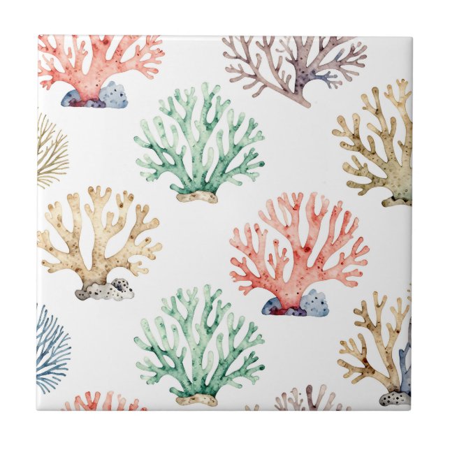 Watercolor Coral Reef Pattern Ceramic Tile (Front)