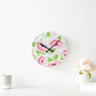 Watercolor Coral Rose - Romantic Floral Round Clock