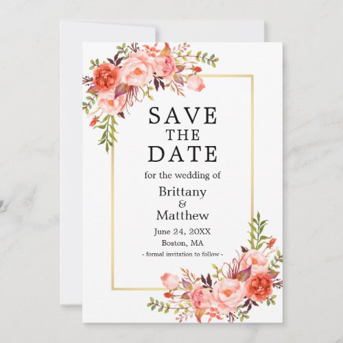 Watercolor Coral Roses Gold Frame Save The Date