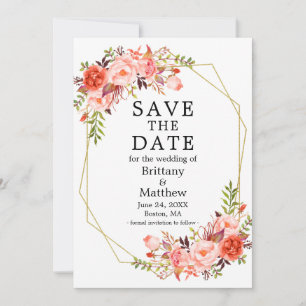 Watercolor Coral Roses Gold Geo Frame Save The Date