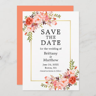 Watercolor Coral Roses Gold Save The Date