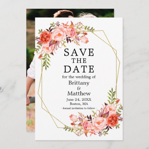 Watercolor Coral Roses Photo Geo Frame  Save The Date