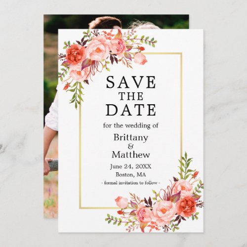 Watercolor Coral Roses Photo Gold Save The Date