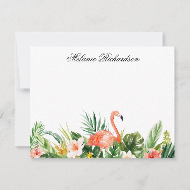 Watercolor Coral Tropical Floral Flamingo Note Card