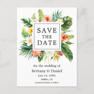 Watercolor Coral Tropical Floral Save The Date Announcement Postcard