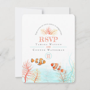 Watercolor coral tropical sea fish wedding RSVP card