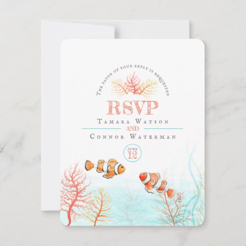 Watercolor coral tropical sea fish wedding RSVP card