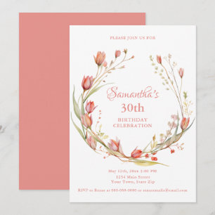 Watercolor Coral Tulips 30th Birthday Party Invitation