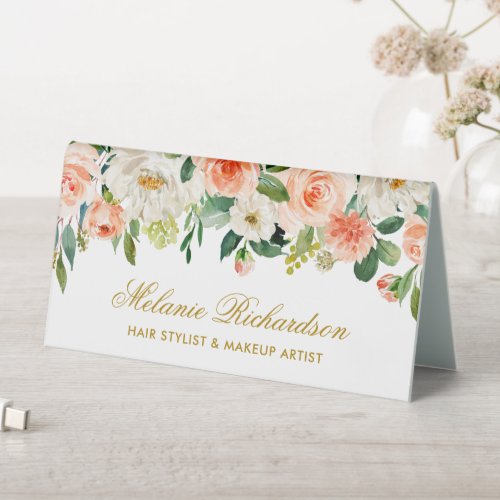 Watercolor Coral White Floral Gold Name Sign