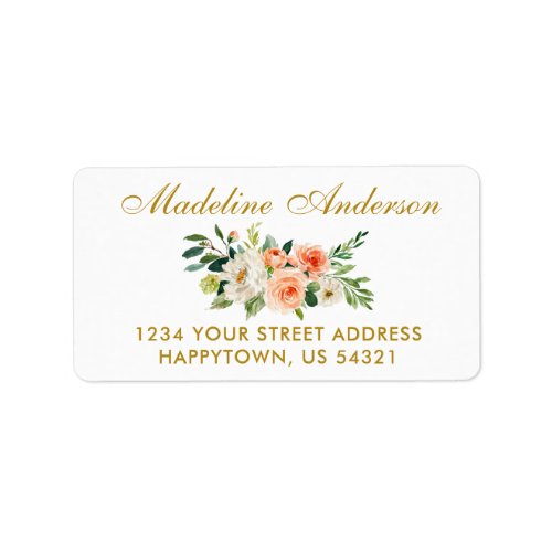 Watercolor Coral White Floral Gold Return Address Label