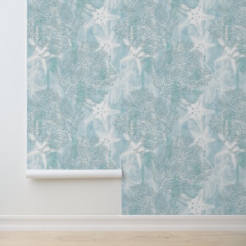 Watercolor Corals and Starfish Powder Blue Coastal Wallpaper