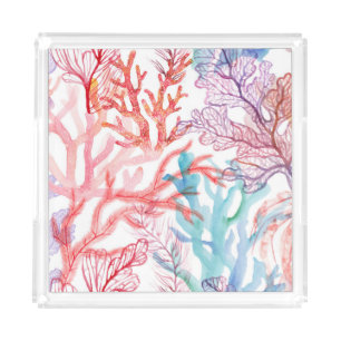 Watercolor corals: underwater world pattern. acrylic tray