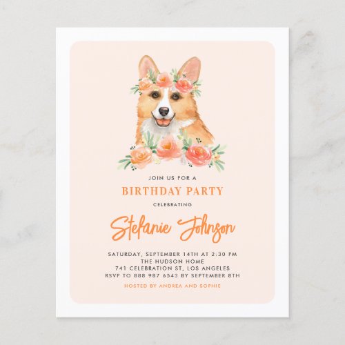 Watercolor Corgi Peach Birthday Party Invitation
