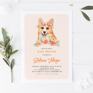 Watercolor Corgi Peach Florals Baby Shower Invitation