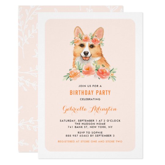 Watercolor Corgi Peach Florals Dog Birthday Party Invitation