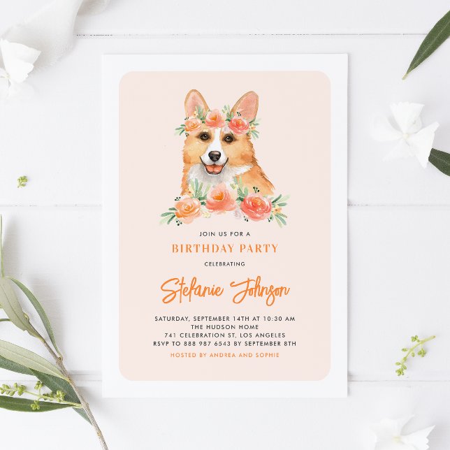 Watercolor Corgi Peach Florals Dog Birthday Party Invitation