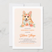 Watercolor Corgi Peach Florals Dog Birthday Party Invitation (Front)