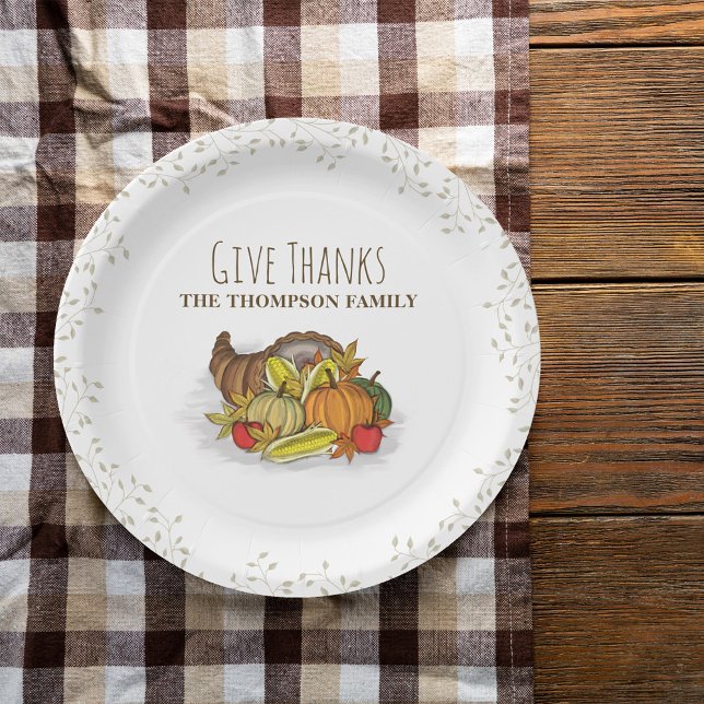 Watercolor Cornucopia Custom Thanksgiving Paper Plates (Give Thanks Thanksgiving Watercolor Cornucopia Paper Plate.)