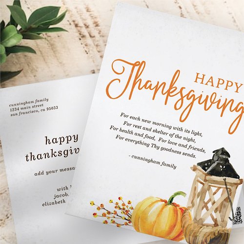 Watercolor Cornucopia Pumpkin Thanksgiving Poem Holiday Postcard