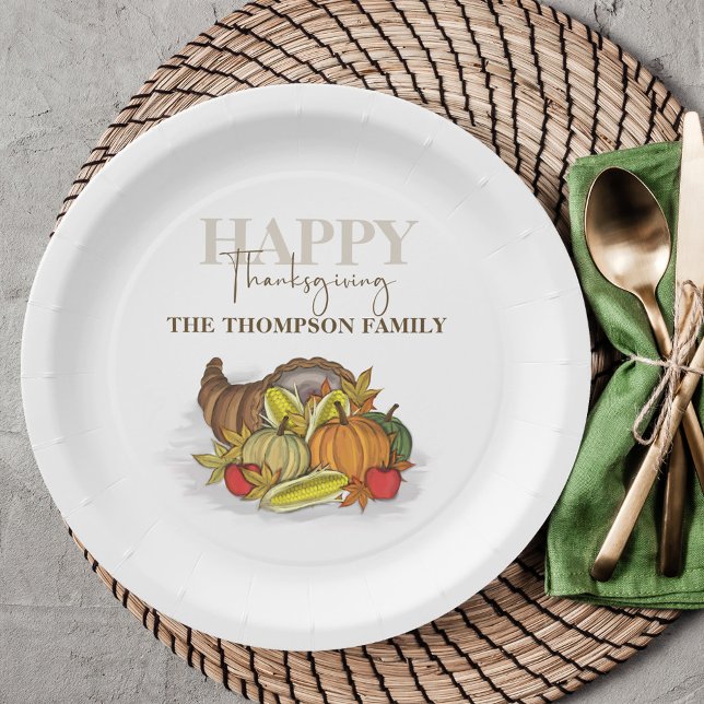 Watercolor Cornucopia Thanksgiving Custom Paper Plates (Happy Thanksgiving custom cornucopia paper plate with harvested vegetables. )