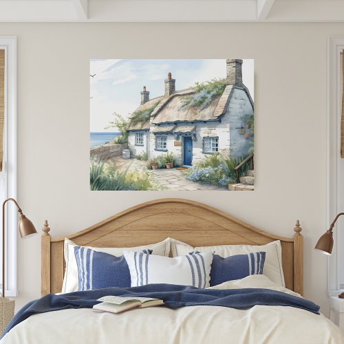 Watercolor Cornwall Seaside Cottage Faux Canvas Print