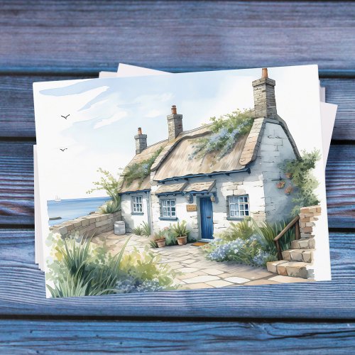 Watercolor Cornwall Seaside Cottage Postcard
