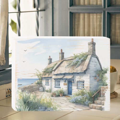 Watercolor Cornwall Seaside Cottage Wooden Box Sign