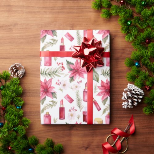 Watercolor cosmetics lipstick Christmas florals Wrapping Paper