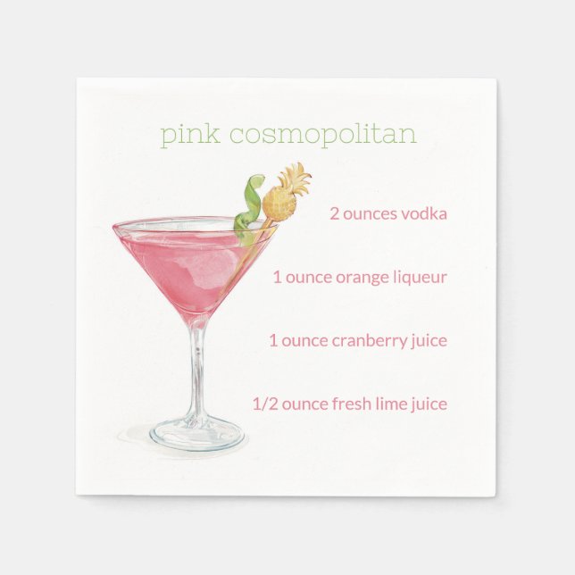 Watercolor Cosmopolitan Cocktail Recipe Napkins (Front)