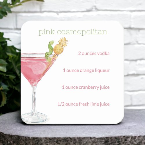 Watercolor Cosmopolitan Cocktail Recipe Square Paper Coaster