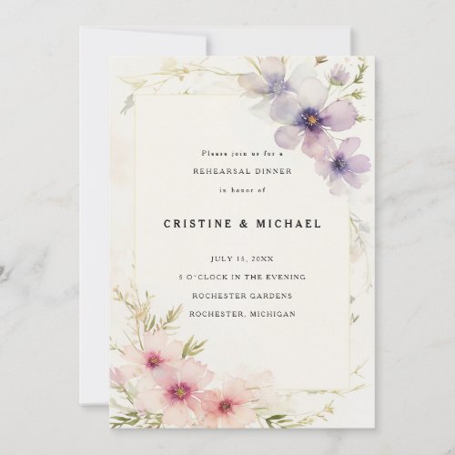 Watercolor cosmos flowers rehearsal dinner invitation
