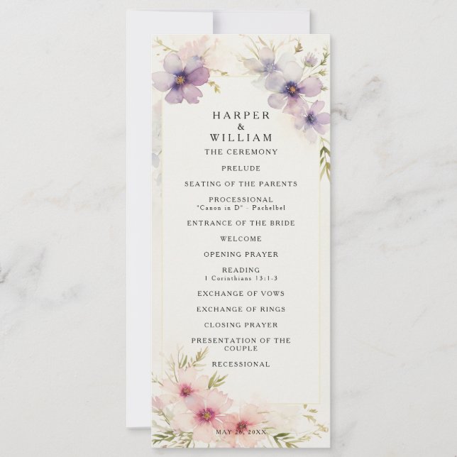 Watercolor cosmos flowers wedding program (Front)