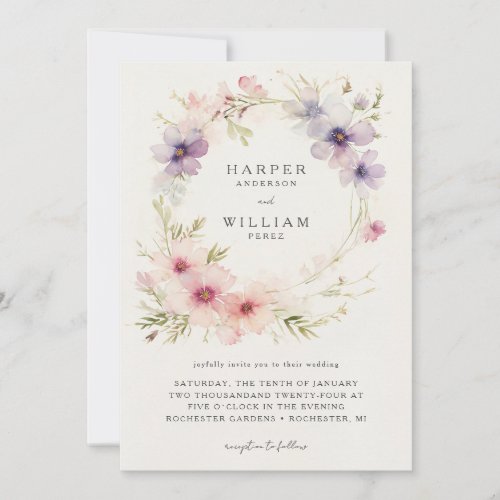 Watercolor cosmos flowers wreath wedding invitation