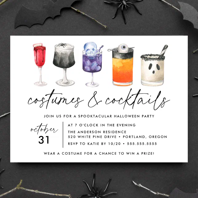 Watercolor Costumes and Cocktails Halloween Party Invitation | Zazzle