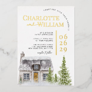 Watercolor Cottage Cabin Mountain Winter Wedding Foil Invitation