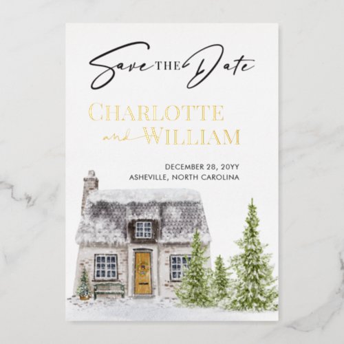 Watercolor Cottage Cabin Winter Save The Date Foil Invitation
