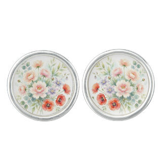 Watercolor Cottage Garden Wildflower Bouquet Cufflinks
