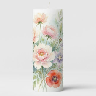 Watercolor Cottage Garden Wildflower Bouquet Pillar Candle